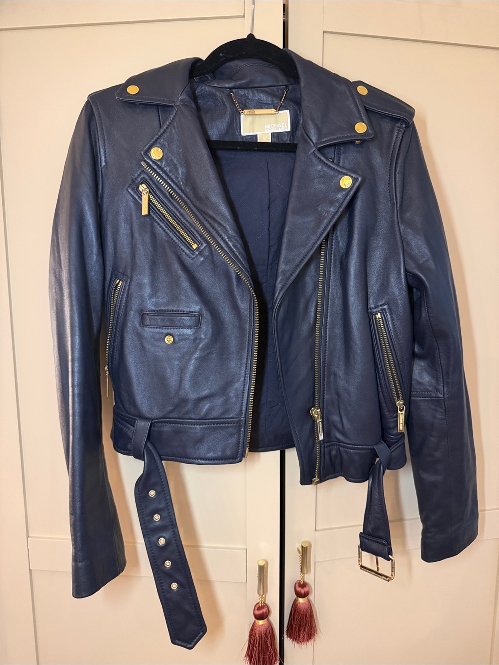 Michael Kors Navy Leather Moto Jacket with Gold Hardware